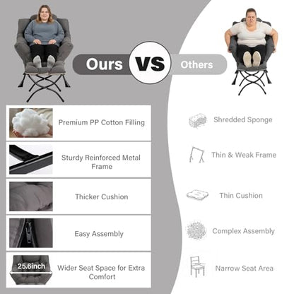 Lazy Chair with Ottoman, Modern Accent Lounge Armchair with Armrests and a Side Pocket & Foldable Footstool, Leisure Reading Chair for Living Room, Bedroom, Dorm & Office, Dark Grey