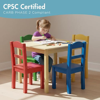 Kids Wooden Table and 4 Chairs Set, Natural/Primary - Kids Table and Chair Set for Toddlers and Children for Arts, Crafts, and Snack Time - Sturdy, Durable Toddler Activity Table