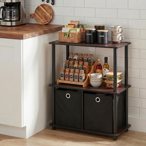 TURN-N-TUBE Storage Shelves, 3-Tier Toolless Book Shelf with Storage Bins, Display Shelf, for Organization and Storage, Living Room, Garage, Home Office, Dark Cherry