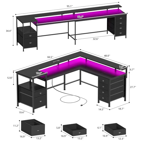 66" Reversible L Shaped Gaming Desk with 6 Drawers & Printer Storage Shelves, Corner Computer Desk with Power Outlets & LED Lights, Home Office Table with Monitor Stand, Black