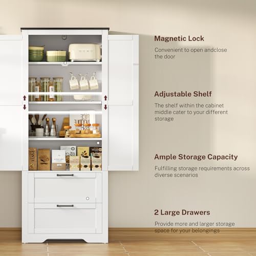 66.1" H Storage Cabinet with 2 Drawers, Farmhouse Kitchen Pantry Cabinet with 2 Doors & Adjustable Shelf, Bathroom Cabinet, for Living Room, Kitchen, Bathroom, White