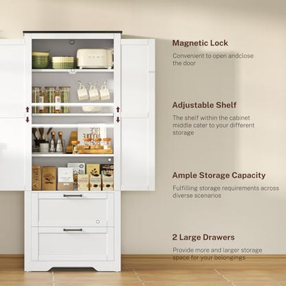66.1" H Storage Cabinet with 2 Drawers, Farmhouse Kitchen Pantry Cabinet with 2 Doors & Adjustable Shelf, Bathroom Cabinet, for Living Room, Kitchen, Bathroom, White
