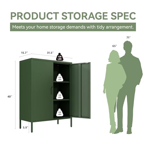 Metal Locker Cabinet, Green Storage Cabinets with 2 Doors and Adjustable Shelves, 3 Tier Modern Storage Freestanding Sideboard for Living Room,School,Office Home Kitchen and Coffee Bar