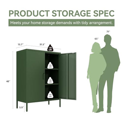 Metal Locker Cabinet, Green Storage Cabinets with 2 Doors and Adjustable Shelves, 3 Tier Modern Storage Freestanding Sideboard for Living Room,School,Office Home Kitchen and Coffee Bar