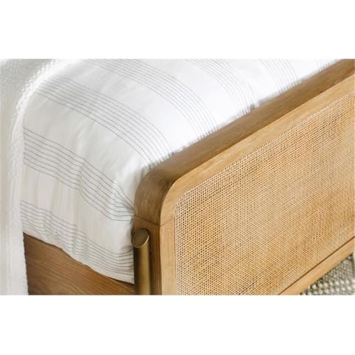 Upholstered Wood Eastern King Panel Bed, Sand Wash Natural Cane Finish, Solid Wood Rattan Construction, Mid-Century Modern Style, 56.25" H x 81.25" W x 91" D, Bedroom Furniture