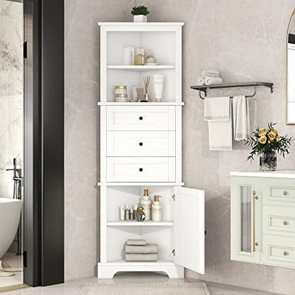 69 Inch Tall Corner Storage Cabinet with Adjustable Shelves, White | White MDF, bathroom kitchen or living room, adjustable shelves, open shelf, enclosed cabinet, triangle compartments, 23 in W