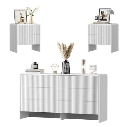 3 Piece Bedroom Dresser Set, 6 Drawer Dresser with 2 Nightstands, Fluted Chest of Drawers with Pop-Up Design, Modern Storage Furniture for Bedroom, Living Room, Entryway, White