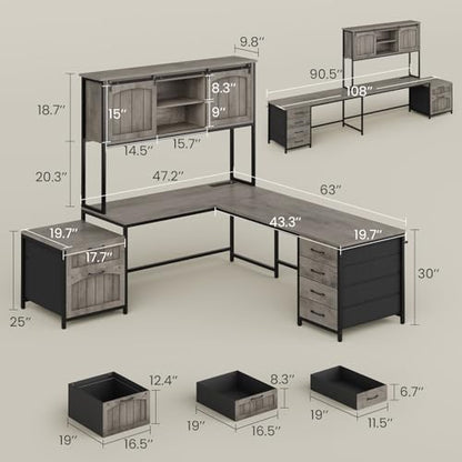Farmhouse L Shaped Office Desk with 6 Drawer, Reversible Computer Desk with Power Outlet, Hutch for Home Office/Two Person, Corner Desk with File Drawer & Printer Storage Shelves, Grey