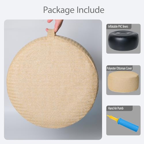 Outdoor Inflatable Ottoman with Air Pump, Fade-Resistant Patio Footrest Stool D21”x H9”, Round Pouf Ottoman with Portable Handle Suitable for Garden, Camping, Bedroom, Living Room