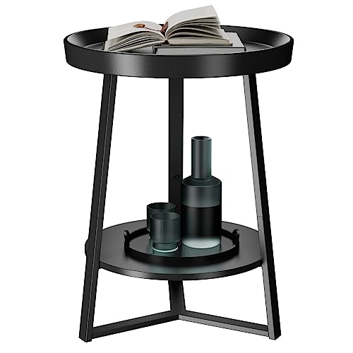 Round End Table with Storage Shelf, 2 Tier Farmhouse Side Table Nightstand for Living Room, Bedroom, Wood Tabletop & Black Metal Frame, Black 15.7 * 15.7 * 23.0inches