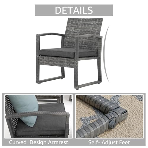 3 Piece Outdoor Patio Furniture Conversation Set, Rattan Chair Set With Coffee Table, For Garden, Balcony, Backyard, Poolside (Dark Grey)