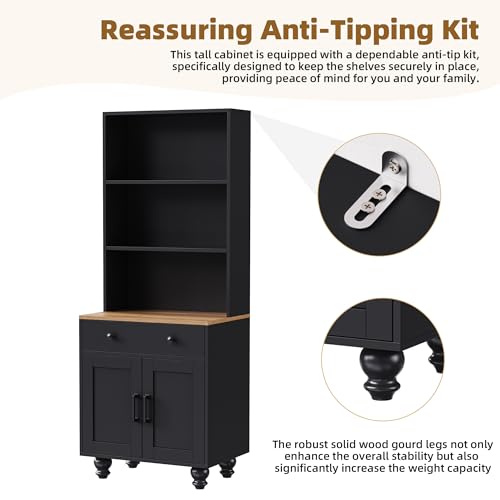 ON-TREND Farmhouse TV Stand with Solid Wood Gourd-Shaped Legs for TVs Up to 70", Entertainment Center with Bookshelves & Tempered Glass Doors, Media Console with Adjustable Shelves, Living Room, Black