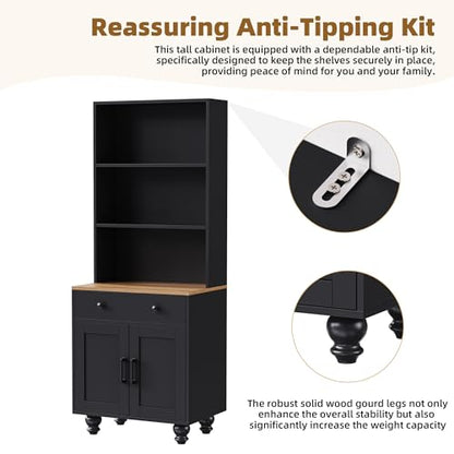 ON-TREND Farmhouse TV Stand with Solid Wood Gourd-Shaped Legs for TVs Up to 70", Entertainment Center with Bookshelves & Tempered Glass Doors, Media Console with Adjustable Shelves, Living Room, Black