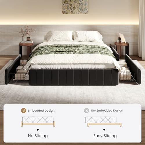 King Size Velvet Upholstered Platform Bed Frame with 4 Storage Drawers, view 5