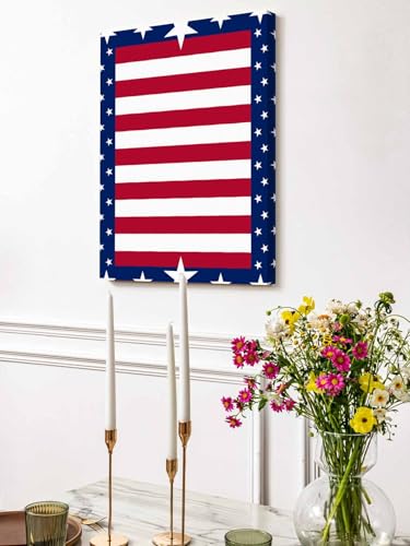 Star Red Stripe Independence Day Canvas Wall Art Prints,48"x32" Framed Picture Artwork Blue Border Patriotic 4th of July Printed Canvas Oil Painting for Living Room Bedroom Office,Ready to Hang