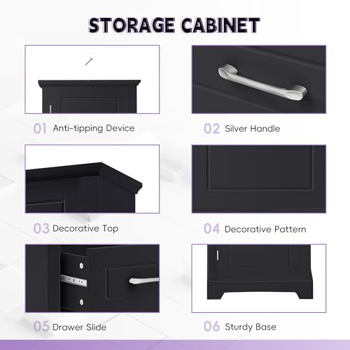73 Inch Bathroom Storage Cabinet with Adjustable Shelves, Black | Black MDF, bathroom or office, painted finish, door shelves, enclosed cabinets, lower compartment, anti-tip kit, 72.5 in H