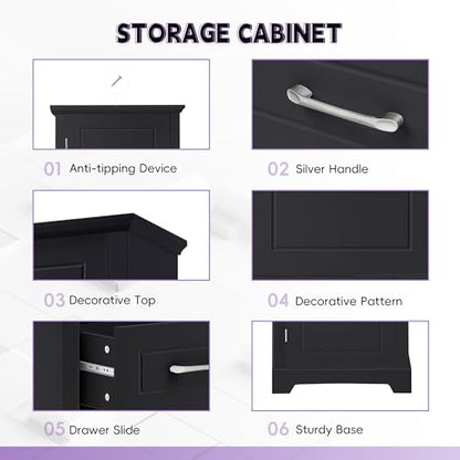 73 Inch Bathroom Storage Cabinet with Adjustable Shelves, Black | Black MDF, bathroom or office, painted finish, door shelves, enclosed cabinets, lower compartment, anti-tip kit, 72.5 in H