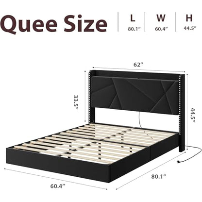Queen Size Floating Bed Frame with Light and Charging Station, Black, view 3