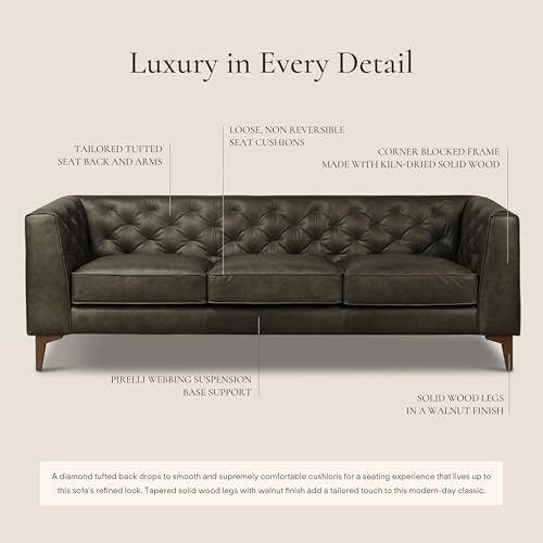 Poly & BARK Essex 89” Full-Grain Italian Leather Sofa – Tufted Back, Feather-Down Comfort, Solid Wood Frame, Olivine Green