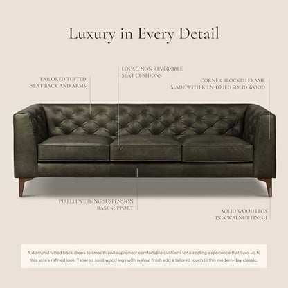 Poly & BARK Essex 89” Full-Grain Italian Leather Sofa – Tufted Back, Feather-Down Comfort, Solid Wood Frame, Olivine Green