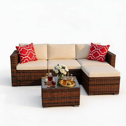 5 Pieces Patio Furniture Set, All Weather Wicker Rattan Sectional Sofa, Outdoor Patio Furniture Set with Washable Cushions for Garden, Backyard, Porch, Poolside (Brown&Beige)