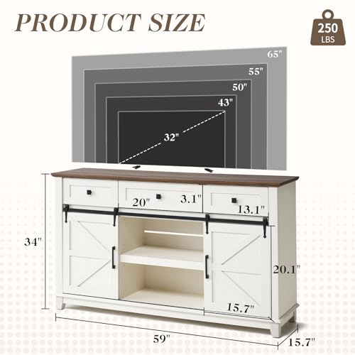 59" Farmhouse TV Stand with Storage Drawers, White & Barnwood, view 3