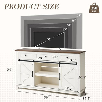 59" Farmhouse TV Stand with Storage Drawers, White & Barnwood, view 3
