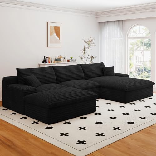 107" Cloud Sectional Couch with U-Shaped Chaise,Corduroy Viral Boneless Sofa with Ottoman,Memory Foam Couches in a Box with Deep Seat for Living Room,No Assembly Required (Black,Right-Facing Chaise)
