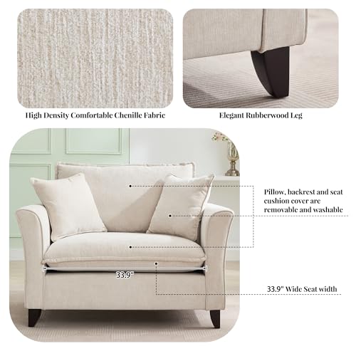 46.3" Chenille Accent Chair, Oversized Reading Armchair w/2 Pillows, Modern Corner Single Cloud Sofa Arm Chairs, Comfortable Living Room Deep Cushion Seating for Office & Apartment, White