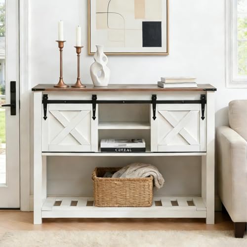 Entryway Table with Storage, Farmhouse Buffet Cabinet Coffee Bar Kitchen Island with Sliding Barn Doors & Shelves, Console Table for Kitchen, Dining Room, Living Room, White