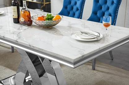 68.11" White Dining Table, Luxurious Marble Table Dining with 0.71" Thick Printed Marble Tabletop and Silver Stainless Steel Pedestal, Modern Kitchen Dining Room Table for 8