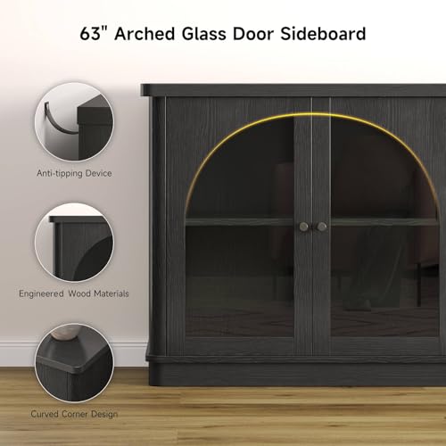 63 Inch Sideboard Buffet Cabinet with Glass Doors and 4 Doors Black, view 4
