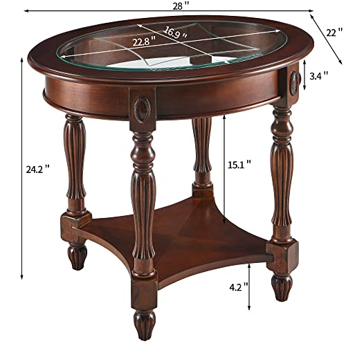 Oval Round Glass End Table, 2-Tier Solid Wood Glass Top End Side Tables, Traditional Victorian Nightstand for Bedroom Living Room Office, 28" W x 22" D x 24.2" H, Cherry Walnut CJZ-1533-GT