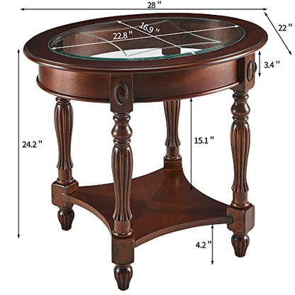 Oval Round Glass End Table, 2-Tier Solid Wood Glass Top End Side Tables, Traditional Victorian Nightstand for Bedroom Living Room Office, 28" W x 22" D x 24.2" H, Cherry Walnut CJZ-1533-GT