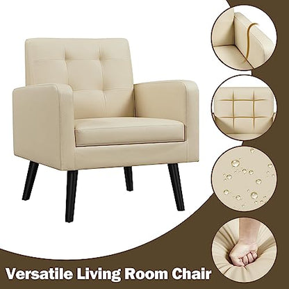 Yaheetech Mid-Century Accent Chairs, PU Leather Modern Upholstered Living Room Chair, Cozy Armchair Button Tufted Back and Wood Legs for Bedroom/Office/Cafe Beige 2PCS