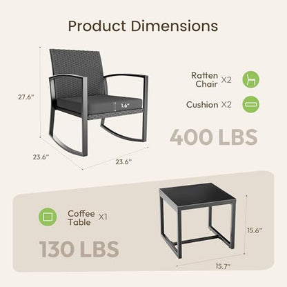 Rocking Patio Bistro Sets - All-Weather - 3 Piece Rattan Conversation Furniture Set, Wicker Outdoor Front Porch Chair for Balcony, Porch, Garden, Backyard, Poolside,Medium Gray
