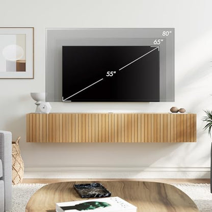 70" Modern Fluted Floating TV Stand, Oak, view 5