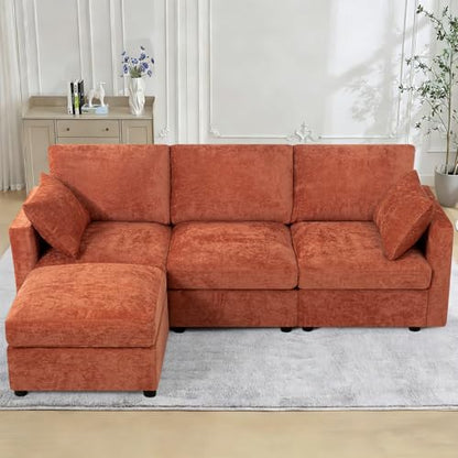 84” Chenille 3-Seats Sofa W/Movable Ottoman, Orange | Modern Fabric L-Shaped Couch w/Soft Backrests, Upholstered Sectional Sofa w/Arm Pillows for Living Room
