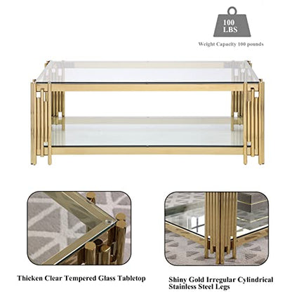 Luxury Clear Glass Coffee Table with Gold Stainless Steel Frame | Rectangle 2-Tier Coffee Table for Living Room Modern Elegant Cocktail Center Table with Storage Shelves for Home Office