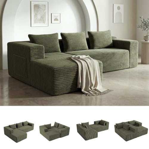 Modular Sectional L-Shaped Sofa with Deep Seat, Modern Boneless Comfy Corduroy Fluffy Couch with Side Pockets and Anti-Slip & Floor-Friendly Bottom for Living Room, No Assembly, Green