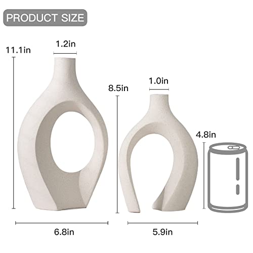 XL Beige Ceramic Vase Set of 2 for Modern Home Decor, Eclectic Entryway Modern Boho Hollow Flower Vases for Living Room Bookshelf Dining Coffee Table Centerpiece (W 6.8" X H 11")