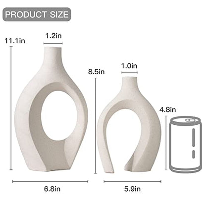 XL Beige Ceramic Vase Set of 2 for Modern Home Decor, Eclectic Entryway Modern Boho Hollow Flower Vases for Living Room Bookshelf Dining Coffee Table Centerpiece (W 6.8" X H 11")
