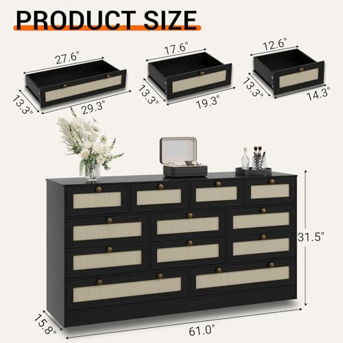GAOMON Wooden Dressers for Bedroom with 12 Drawers, 61" Wide TV Stand Dresser for 65 inch TV, Rattan Chest of Drawers for Living Room, Hallway, Modern Wood Closet Dressers for Adult Room