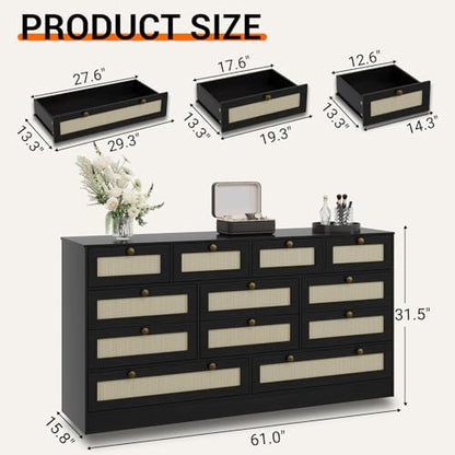 GAOMON Wooden Dressers for Bedroom with 12 Drawers, 61" Wide TV Stand Dresser for 65 inch TV, Rattan Chest of Drawers for Living Room, Hallway, Modern Wood Closet Dressers for Adult Room