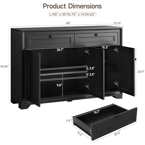48 Inches Sideboard Buffet Cabinet with Storage, Black, view 3