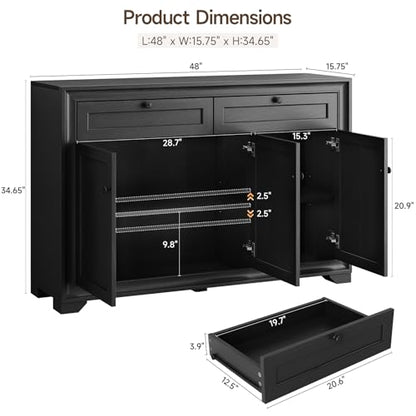 48 Inches Sideboard Buffet Cabinet with Storage, Black, view 3