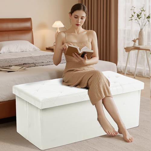 43 Inches Folding Ottoman with Storage Bench, Foot Rest Stool, End of Bed Storage Bench Upholstered, Load 660 lbs, for Living Room, Synthetic Leather, Beige