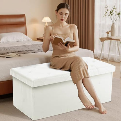 43 Inches Folding Ottoman with Storage Bench, Foot Rest Stool, End of Bed Storage Bench Upholstered, Load 660 lbs, for Living Room, Synthetic Leather, Beige