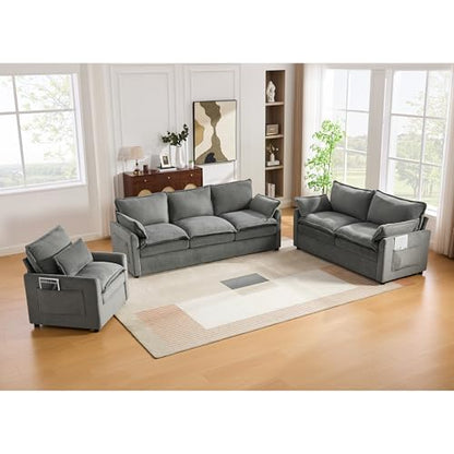 3-Piece Living Room Furniture Set with 3-Seater Sofa, Loveseat and Accent Chair, Side Storage Pocket, Grey