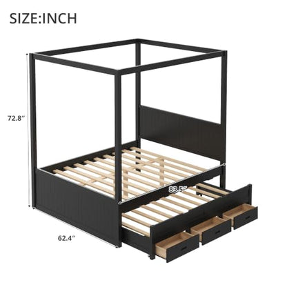 Queen Canopy Platform Bed with Twin Trundle & Storage Drawers, Black, view 3